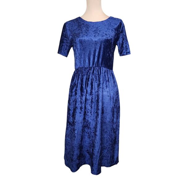 Sapphire Blue Velvet Velour Midi Dress - Picture 1 of 3